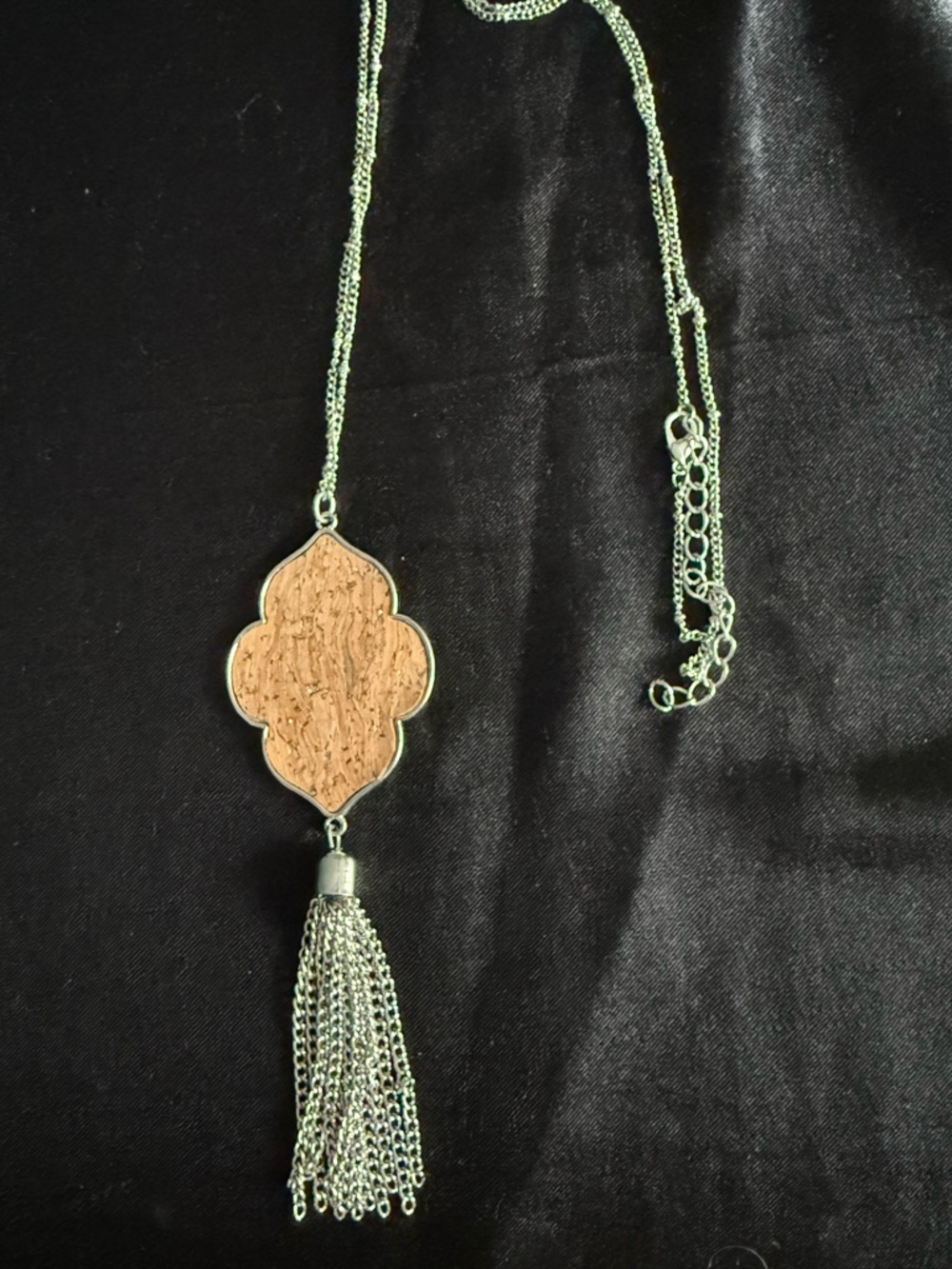 Silver-Tone Cork Pendant Tassel Necklace - Brown Cork